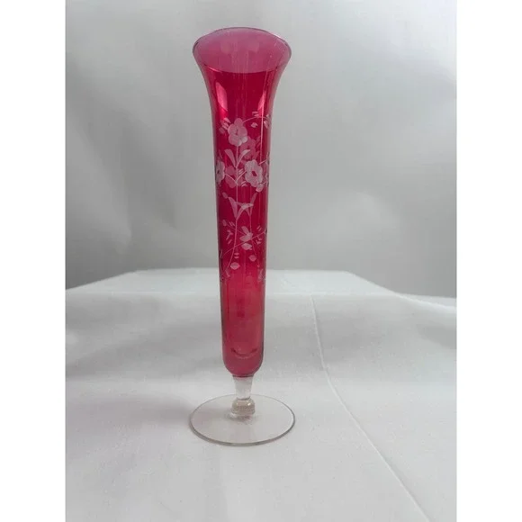 2 Vintage Ruby Red Glass Bud Handblown Vases Etched Floral Design - Picture 3 of 12